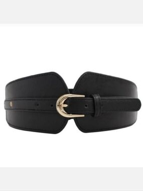 Wide Black Vegan Leather Cinch Belt with Gold Pin Buckle